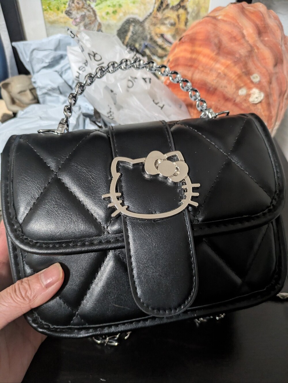 Hello Kitty Black Quilted Mini Top-Handle Bag with Silver Face Hardware